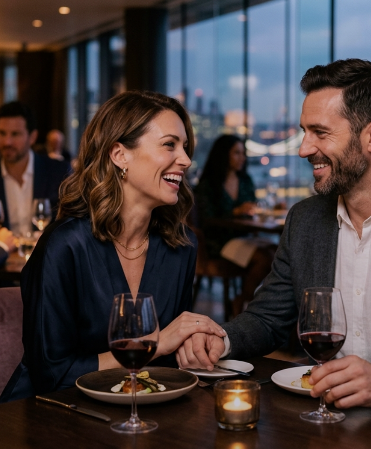A couple laughing together over dinner