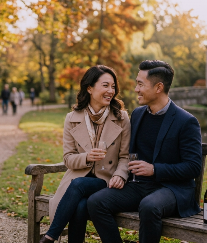A couple sharing wine together on a bench in an autumn park