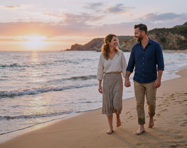 A couple walking together on a beach at sunset
