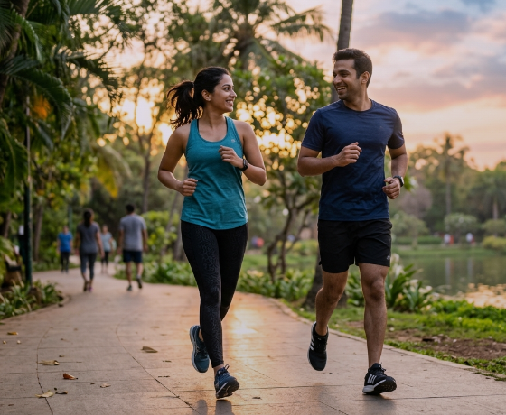 A couple jogging together in a park